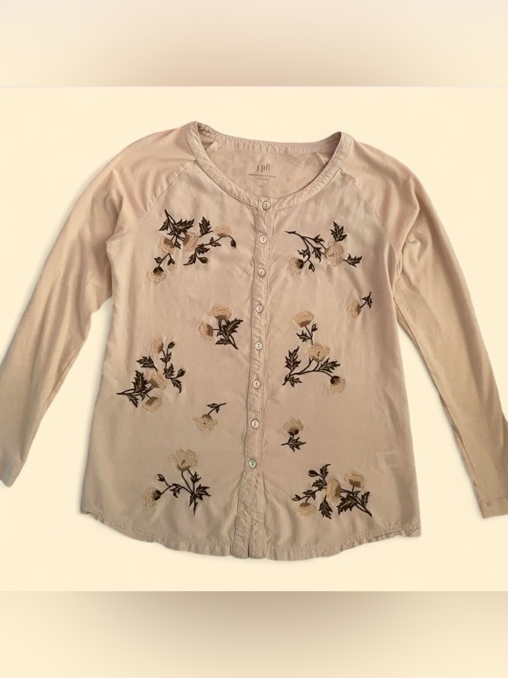 J Jill Embroidered Floral Blouse Cream Button Up Cottage Boho XS